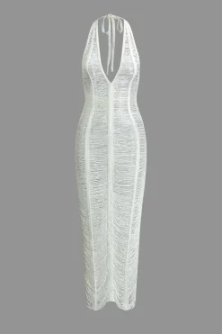 Tie Halter V-neck Backless Distressed Ladder Knit Maxi Dress