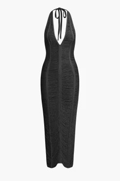 Tie Halter V-neck Backless Distressed Ladder Knit Maxi Dress