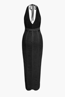 Tie Halter V-neck Backless Distressed Ladder Knit Maxi Dress