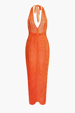 Tie Halter V-neck Backless Distressed Ladder Knit Maxi Dress