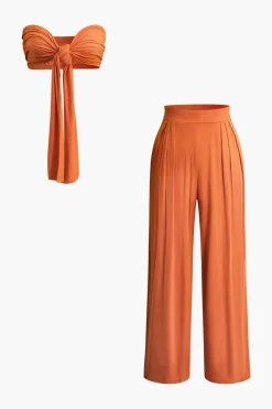 Tie Knot Front Ruched Tube Top And Pleated Wide Leg Pants