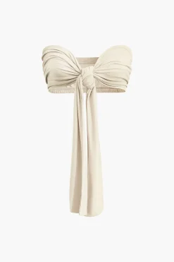 Tie Knot Front Ruched Tube Top And Pleated Wide Leg Pants