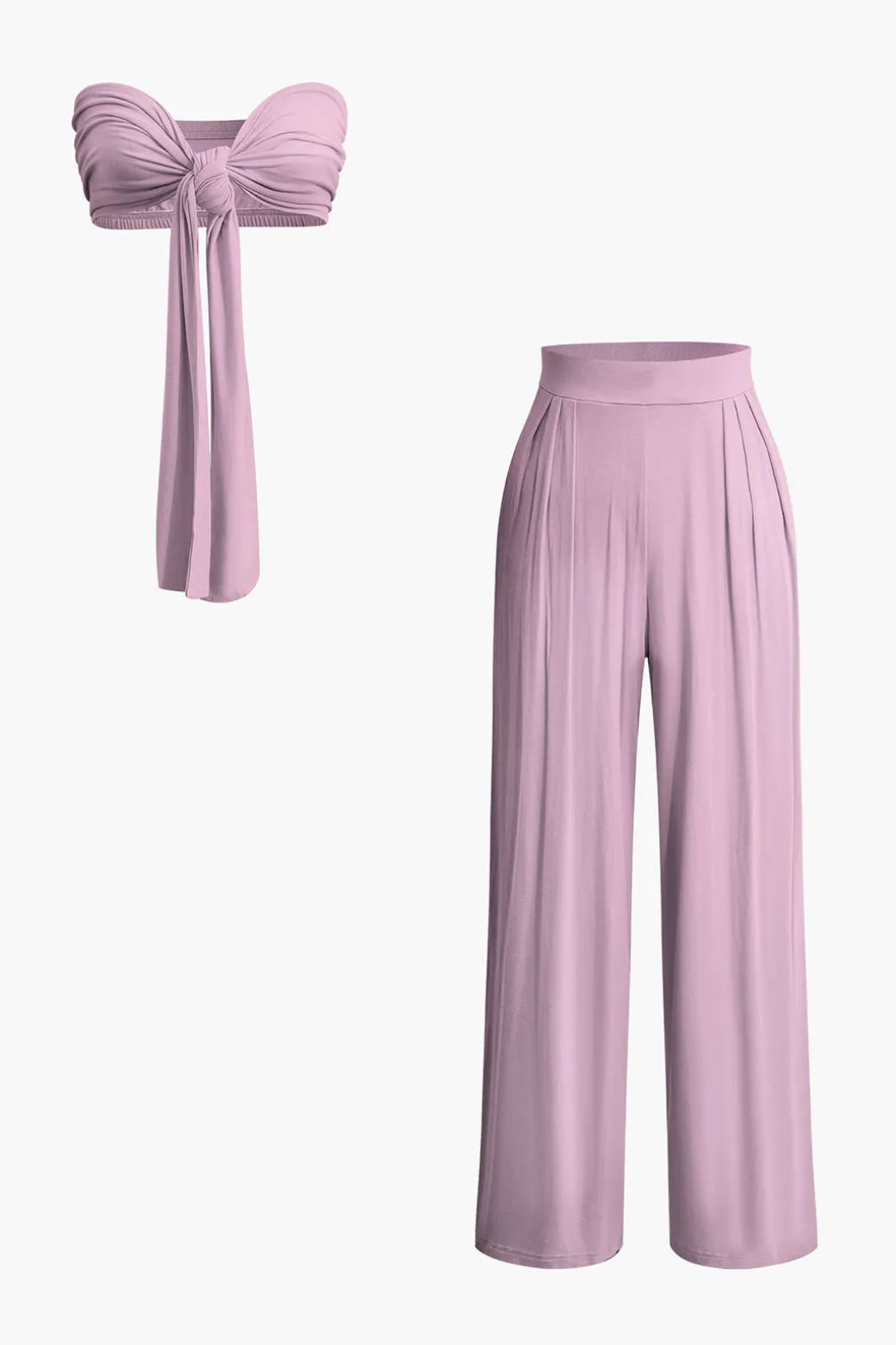 Tie Knot Front Ruched Tube Top And Pleated Wide Leg Pants