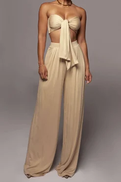Tie Knot Front Ruched Tube Top And Pleated Wide Leg Pants