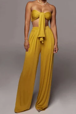Tie Knot Front Ruched Tube Top And Pleated Wide Leg Pants