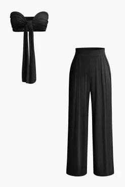 Tie Knot Front Ruched Tube Top And Pleated Wide Leg Pants