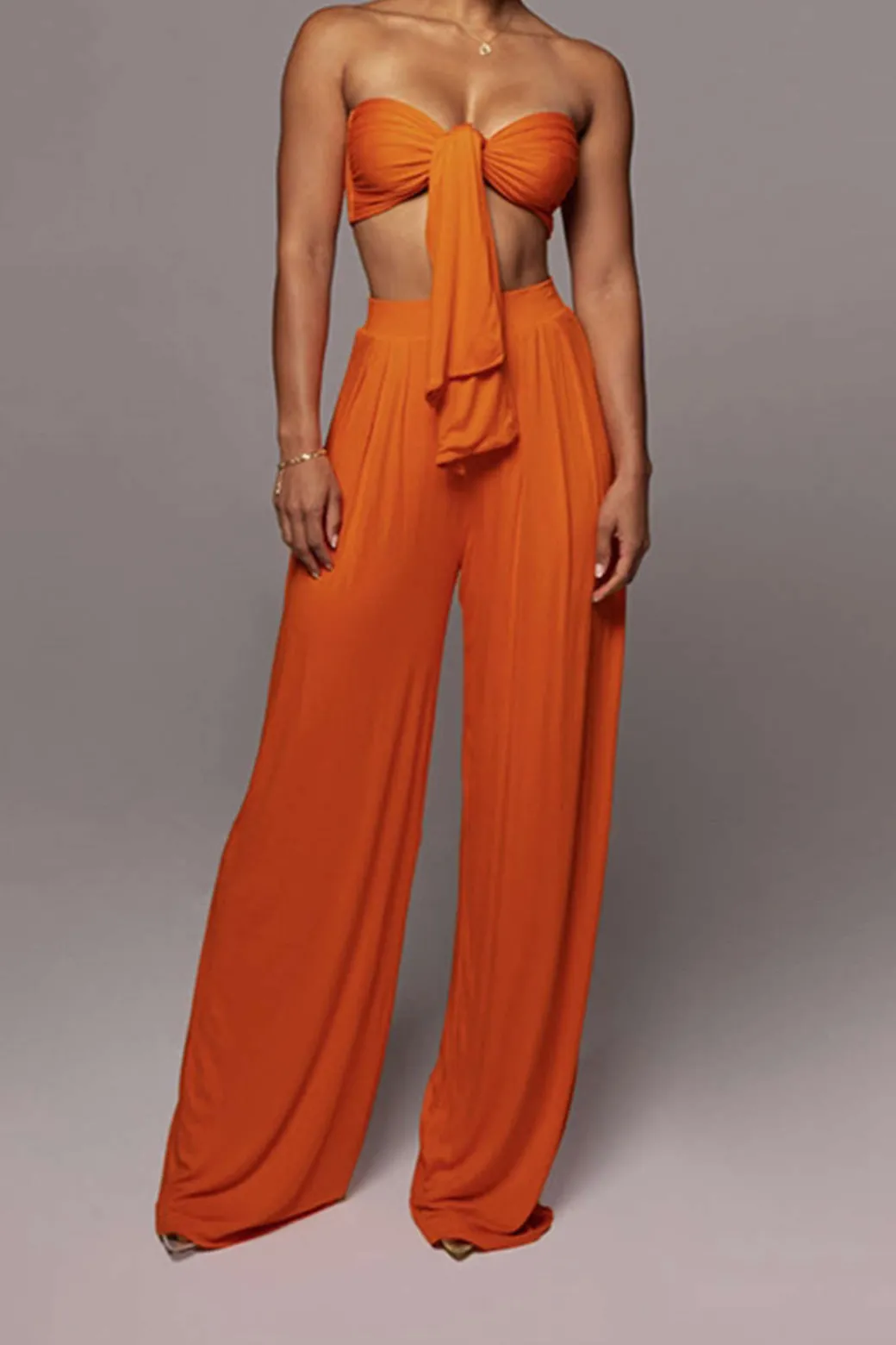 Tie Knot Front Ruched Tube Top And Pleated Wide Leg Pants