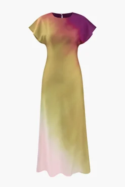 Tie-Dye Satin Cap Sleeve Maxi Dress