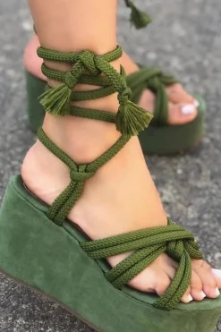 Tie-Up Open Toe Platform Flats Sandals