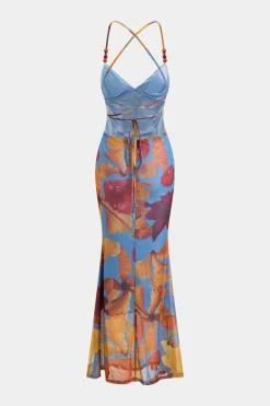 Tropical Floral Print Mesh Backless Maxi Dress