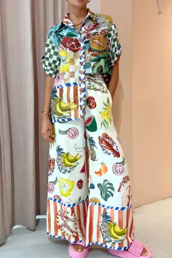 Tropical Print Drawstring Wide Leg Pants