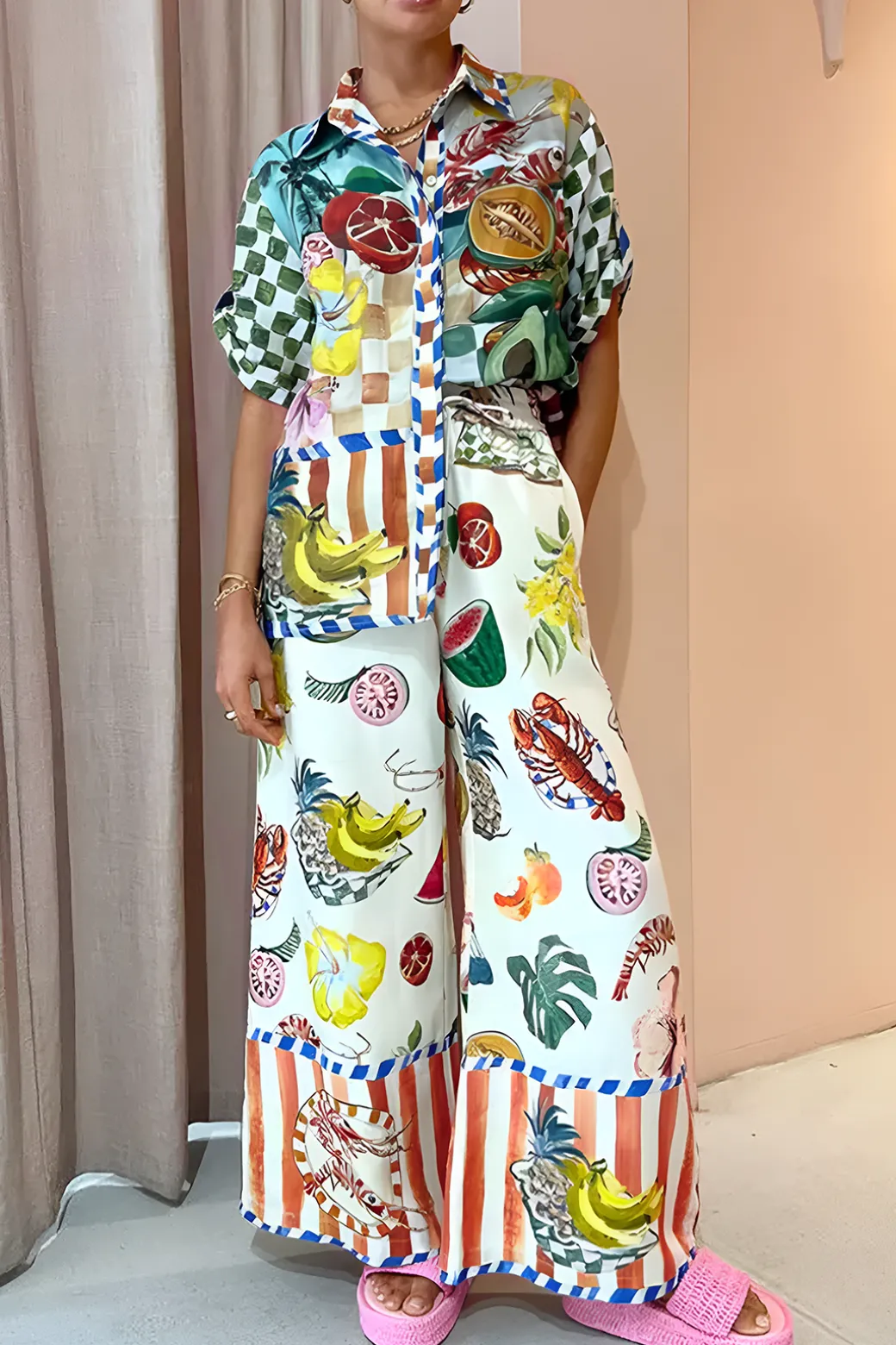 Tropical Print Drawstring Wide Leg Pants