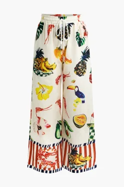 Tropical Print Drawstring Wide Leg Pants