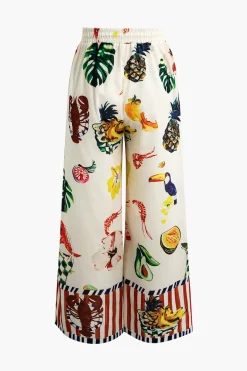 Tropical Print Drawstring Wide Leg Pants