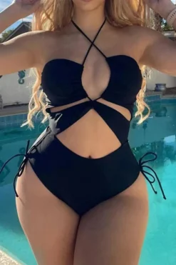 Tummy Control Solid Halter Tie Cut Out One-piece Swimsuit