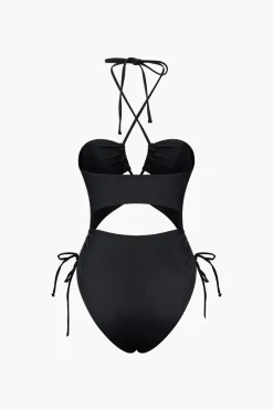 Tummy Control Solid Halter Tie Cut Out One-piece Swimsuit