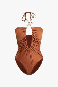 Tummy Control Tie Halter Ruched One-Piece Swimsuit