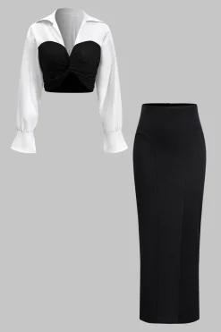 Twist Knot Patchwork Long Sleeve Shirt And Skirt Set