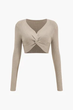 Twist Knot V-Neck Long-Sleeve Top And Side Slit Skirt Set