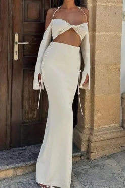 Twist Tie Halter Long Sleeve Bra Top And Maxi Skirt Set
