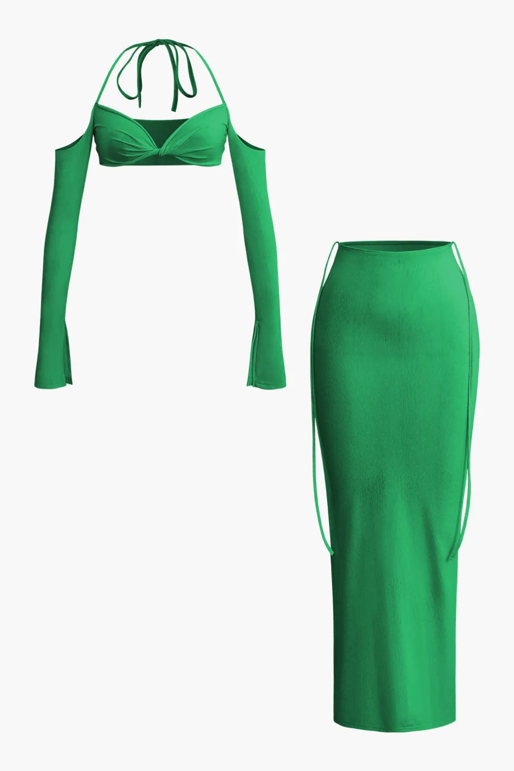 Twist Tie Halter Long Sleeve Bra Top And Maxi Skirt Set