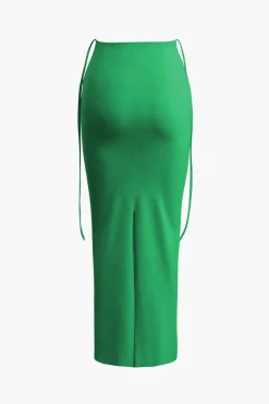Twist Tie Halter Long Sleeve Bra Top And Maxi Skirt Set