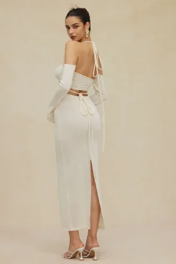 Twist Tie Halter Long Sleeve Bra Top And Maxi Skirt Set