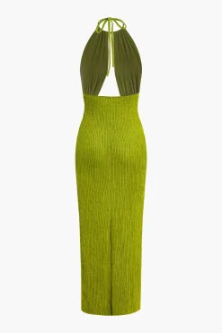 U-Ring Detail Halter Slit Backless Maxi Dress