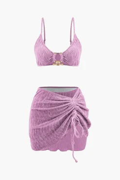 Velvet Textured U-ring Bikini And Sarong 3pc Set