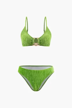 Velvet Textured U-ring Bikini And Sarong 3pc Set