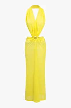 V-neck Backless Ring Halter Maxi Dress