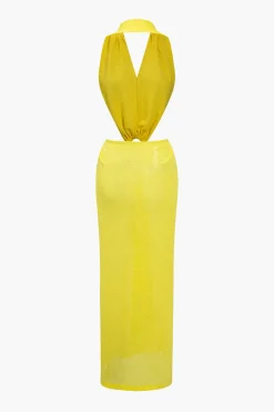 V-neck Backless Ring Halter Maxi Dress