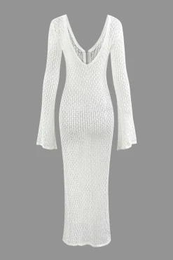 V-neck Crochet Open Knit Long Sleeve Maxi Dress