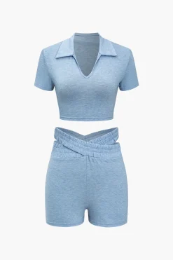 V-neck Cropped Top And Double Waistband Shorts Set