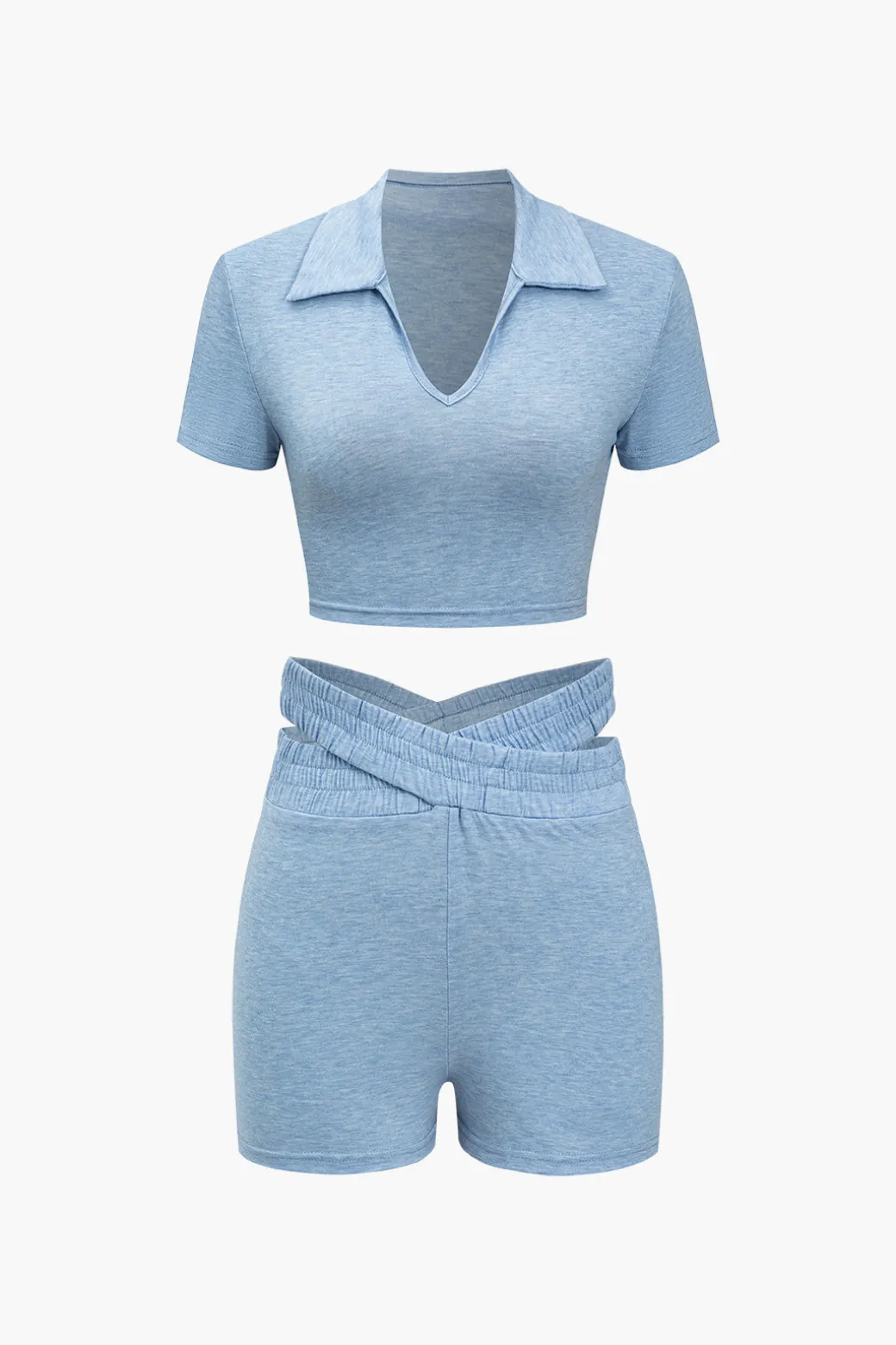V-neck Cropped Top And Double Waistband Shorts Set