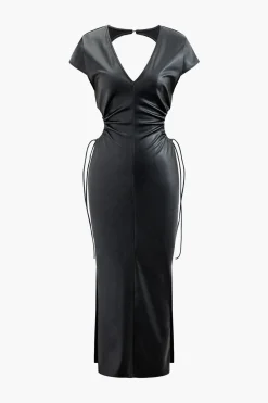 V-neck Faux Leather Cut Out Drawstring Midi Dress