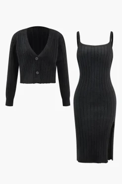 V-Neck Long Sleeve Cardigan And Slip Dress Set