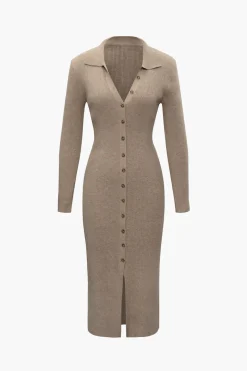 V-Neck Long Sleeve Mid-Length Sweater Dress