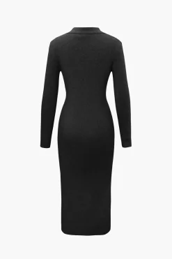 V-Neck Long Sleeve Mid-Length Sweater Dress