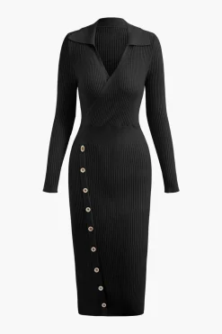 V-neck Rib Knit Collar Button Long Sleeve Midi Dress