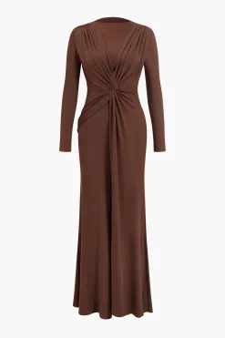 V-Neck Ruched Long Sleeve Maxi Dress