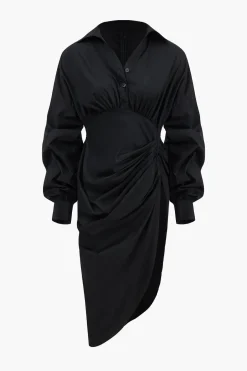 V-Neck Ruched Slit Midi Dress