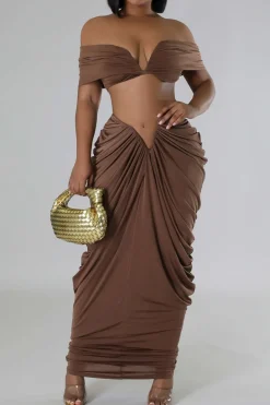 V-neck Ruched Top And V-shape Cut Waist Maxi Skirt Set