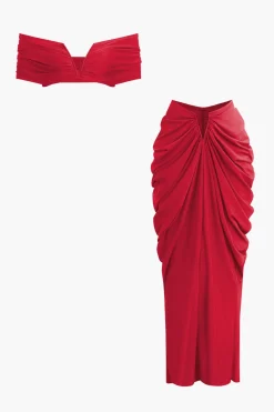 V-neck Ruched Top And V-shape Cut Waist Maxi Skirt Set