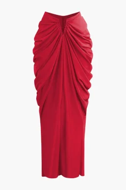 V-neck Ruched Top And V-shape Cut Waist Maxi Skirt Set