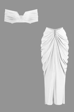 V-neck Ruched Top And V-shape Cut Waist Maxi Skirt Set