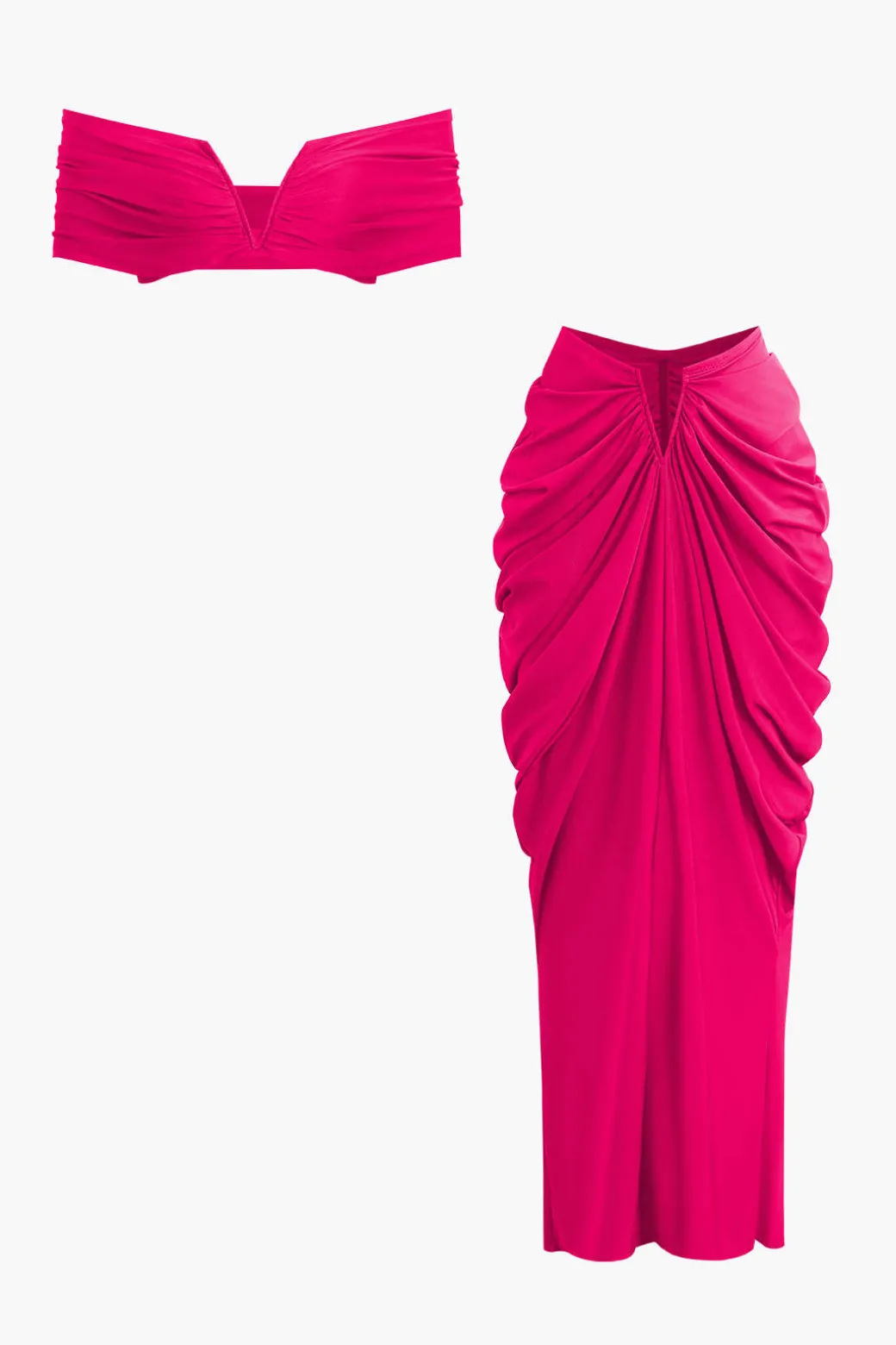 V-neck Ruched Top And V-shape Cut Waist Maxi Skirt Set