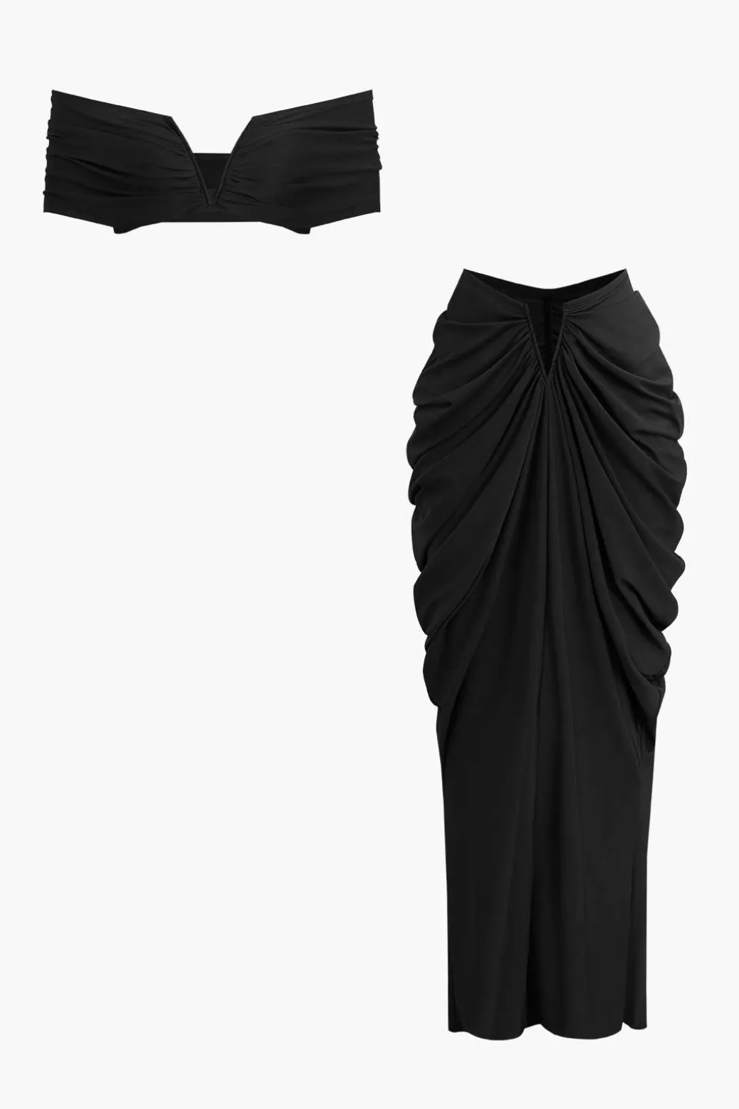V-neck Ruched Top And V-shape Cut Waist Maxi Skirt Set