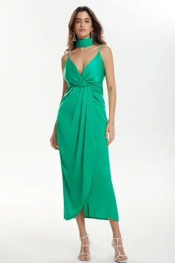 V-neck Satin Pleated Dress With Neck Scarf