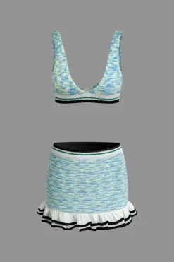 V-Neck Sleeveless Knit Tank Top And Ruffle Mini Skirt Set